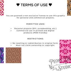 May include: A digital graphic document titled TERMS OF USE with black text on a white background. It outlines licensing for personal and commercial projects, including permitted uses and restrictions, surrounded by four colorful pattern swatches.