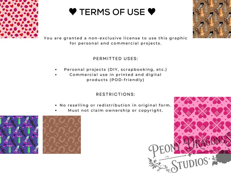 May include: A digital graphic document titled TERMS OF USE with black text on a white background. It outlines licensing for personal and commercial projects, including permitted uses and restrictions, surrounded by four colorful pattern swatches.