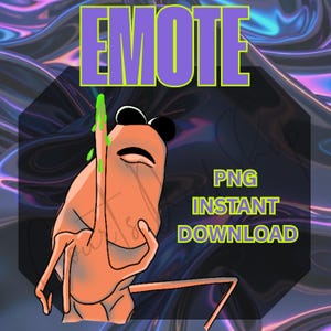May include: Cartoon shrimp-like character with black eyes and green slime on its raised finger. The word "EMOTE" is in purple, and "PNG INSTANT DOWNLOAD" is in yellow. The background has a wavy, iridescent design.