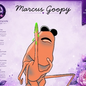 May include: A digital illustration of a tan, humanoid character named Marcus Goopy with a single closed eye, black hair, and a long finger pointing upward with bright green slime dripping from the tip, set against a purple floral background.