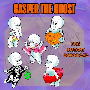 May include: A digital illustration featuring Casper the Friendly Ghost in various Halloween costumes. The image includes Casper holding candy, wearing a vampire cape, inside a jack-o'-lantern, in a skeleton suit, and with a red heart-shaped float. Text reads "Casper the Ghost" and "PNG Instant Download."
