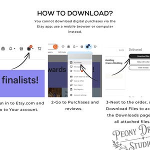 May include: An instructional graphic titled HOW TO DOWNLOAD? explaining that digital purchases cannot be downloaded via the Etsy app. It shows three steps: signing into Etsy.com, navigating to Purchases and reviews, and clicking Download files.