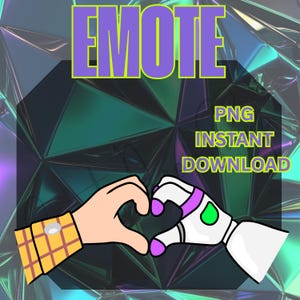 May include: Digital graphic featuring the word "EMOTE" in purple and yellow. The text "PNG INSTANT DOWNLOAD" is below. Two cartoon hands, one human and one robotic, form a heart shape.