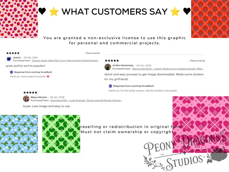 May include: A digital graphic display featuring customer reviews, text stating "WHAT CUSTOMERS SAY" and "You are granted a non-exclusive license to use this graphic for personal and commercial projects," and various colorful repeating patterns.