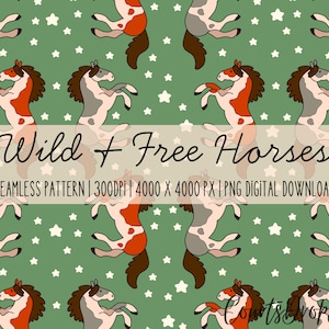 May include: A seamless pattern with cartoon horses in brown, white, and grey, rearing up against a green backdrop with white stars. The text "Wild + Free Horses" is displayed across the image, along with pattern details.