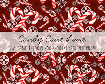 Candy Cane Lane Christmas Seamless Pattern | Red & White Candy Cane Snowflake Pattern | Festive Christmas Digital Paper | 300 DPI PNG