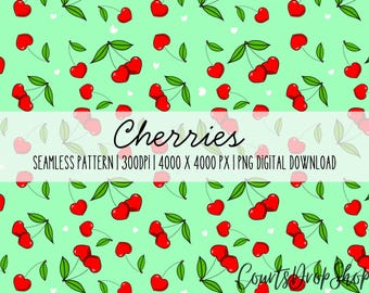Cherries Seamless Pattern, Digital Paper PNG, Fruit Background, Scrapbook Paper, Instant Download