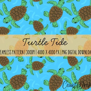 May include: Seamless pattern featuring cartoon sea turtles in shades of green and brown, set against a light blue background with wavy lines. The text "Turtle Tide" is displayed, along with details about the pattern's resolution and file type.