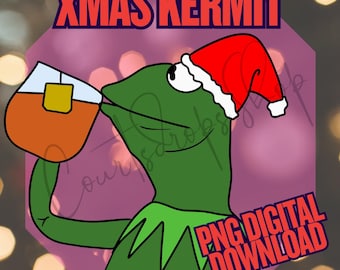 Kermit Tea PNG – Christmas Meme Style Frog – Santa Hat Holiday Clipart – Digital Download