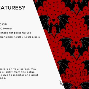 May include: A digital pattern featuring black bats and small black hearts and stars on a vibrant red background. The text reads FEATURES?, 300 DPI, PNG format, Licensed for personal use, Dimensions: 4000 x 4000 pixels, and a color disclaimer.