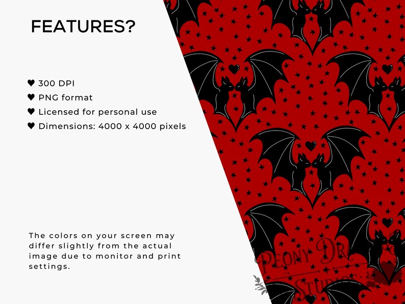 May include: A digital pattern featuring black bats and small black hearts and stars on a vibrant red background. The text reads FEATURES?, 300 DPI, PNG format, Licensed for personal use, Dimensions: 4000 x 4000 pixels, and a color disclaimer.