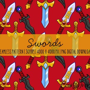 Svärd Sömlöst Mönster PNG | Fantasy Vapen Digitalt Papper | 4000x4000 300 DPI