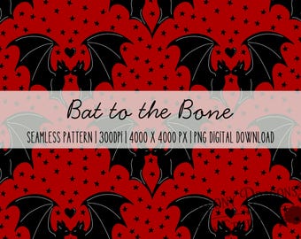 Bat to the Bone Gothic Bat Seamless Pattern | Red & Black Halloween Digital Paper | 4000x4000px PNG | Commercial Use