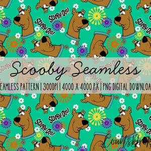 Peut inclure: Motif sans couture avec Scooby-Doo sur fond turquoise. Le motif comprend des illustrations de Scooby-Doo, l'expression "Scooby-Doo!" et des formes florales colorées. Le texte "Scooby Seamless" et "Seamless Pattern | 300DPI | 4000 X 4000 PX | PNG DIGITAL DOWNLOAD" sont également présents.