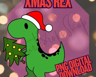 Xmas Rex PNG – Cute T-Rex Holding Tree – Christmas Dino Sublimation Design – Digital Download