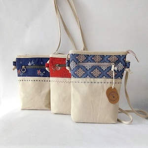 Upcycled small traditional bag, cell phone bag, dirndl bag in blue and red