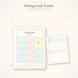 May include: A Sinking Funds Tracker printable document featuring a grid of six colored boxes labeled Car repair, Gifts, Medical, Vacation, Pets, and Home, alongside a second page titled Fund detail cards with lined sections for tracking expenses.