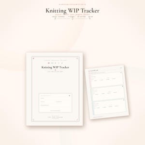 May include: A digital knitting WIP tracker planner with a white background and thin black lines. The cover page features the text Knitting WIP Tracker, while the second page displays three rectangular sections labelled Active WIP cards with blank lines.