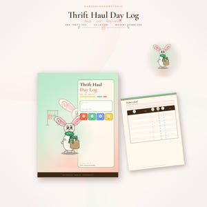 Op de afbeelding: Een digitale Thrift Haul Day Log plannerpagina met een cartoonkonijn dat een groene sjaal draagt en een boodschappentas vasthoudt. De lay-out bevat secties voor datum, kosten en bewaren of vermelden, met een tweede pagina met een tabel.