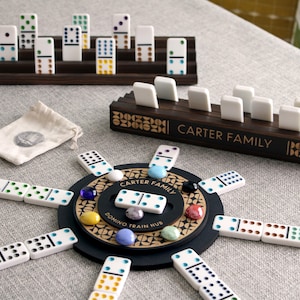Personalized Domino Mexican Train Hub Set: Engraved Wooden Racks, Hub, 9 Colored Stones, DOMINOES NOT INCLUDED