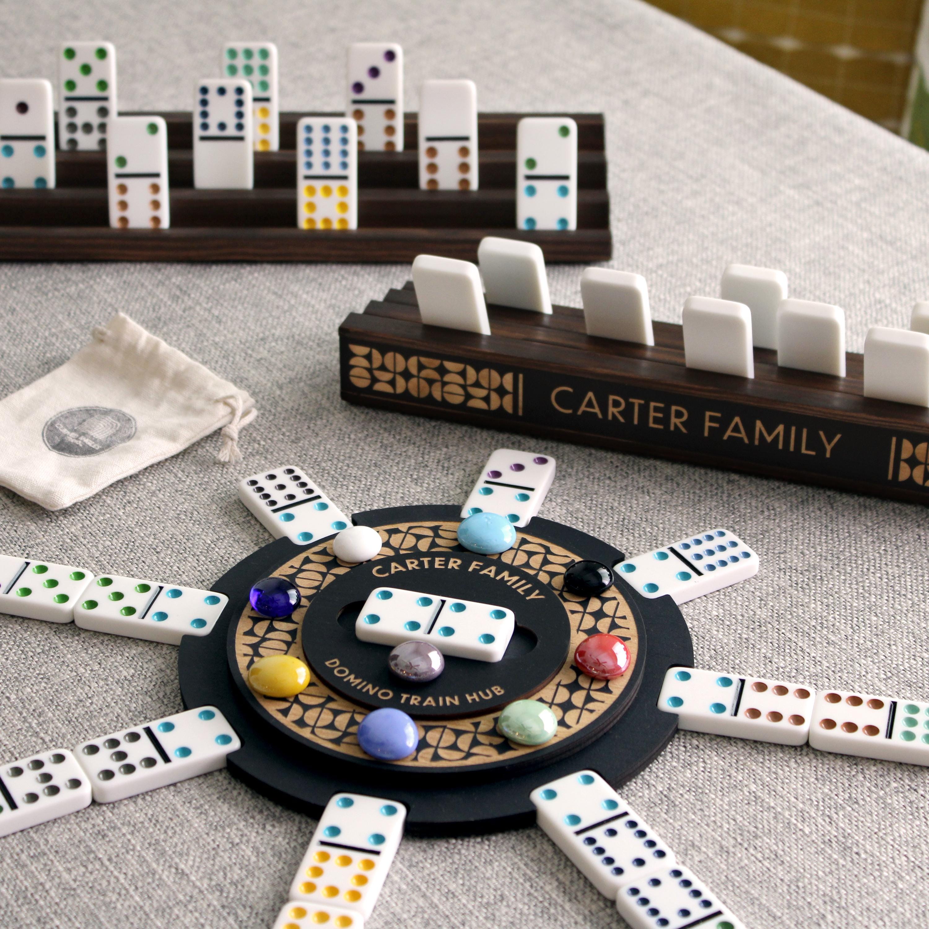 Personalized Domino Mexican Train Hub Set: Engraved Wooden Racks