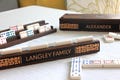 Personalized Domino Rummikub Tile Holders: Mid-Century Modern Engraved Wood, Multiple Widths, DOMINOES NOT INCLUDED