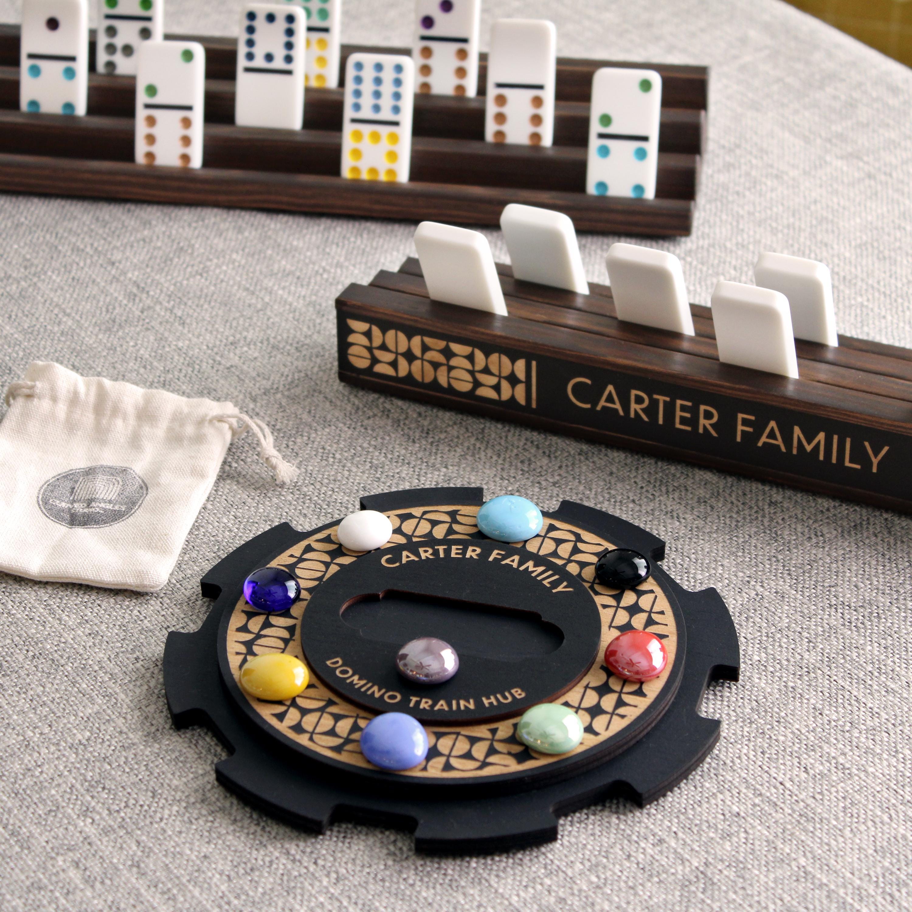 Personalized Domino Mexican Train Hub Set: Engraved Wooden Racks