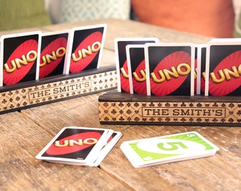 Personalized playing card holders for Canasta. Set of 2 wooden in 3 widths 5 designs. Samba game card trays. Kids Uno playing card racks.