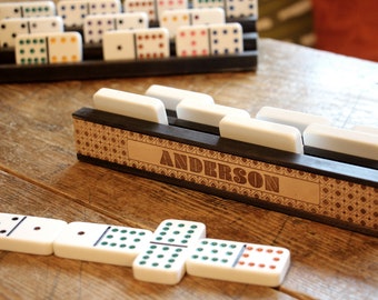 Personalized Domino/Rummikub tile holders. Set of 2, premium wooden engraved domino racks for Mexican Train in multiple widths.