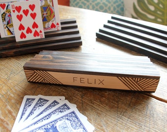 Personalized playing card holder Canasta, Kids Uno, Samba. Set of 2, Mid-Century, wooden engraved. Multi widths. Playing Cards NOT INCLUDED