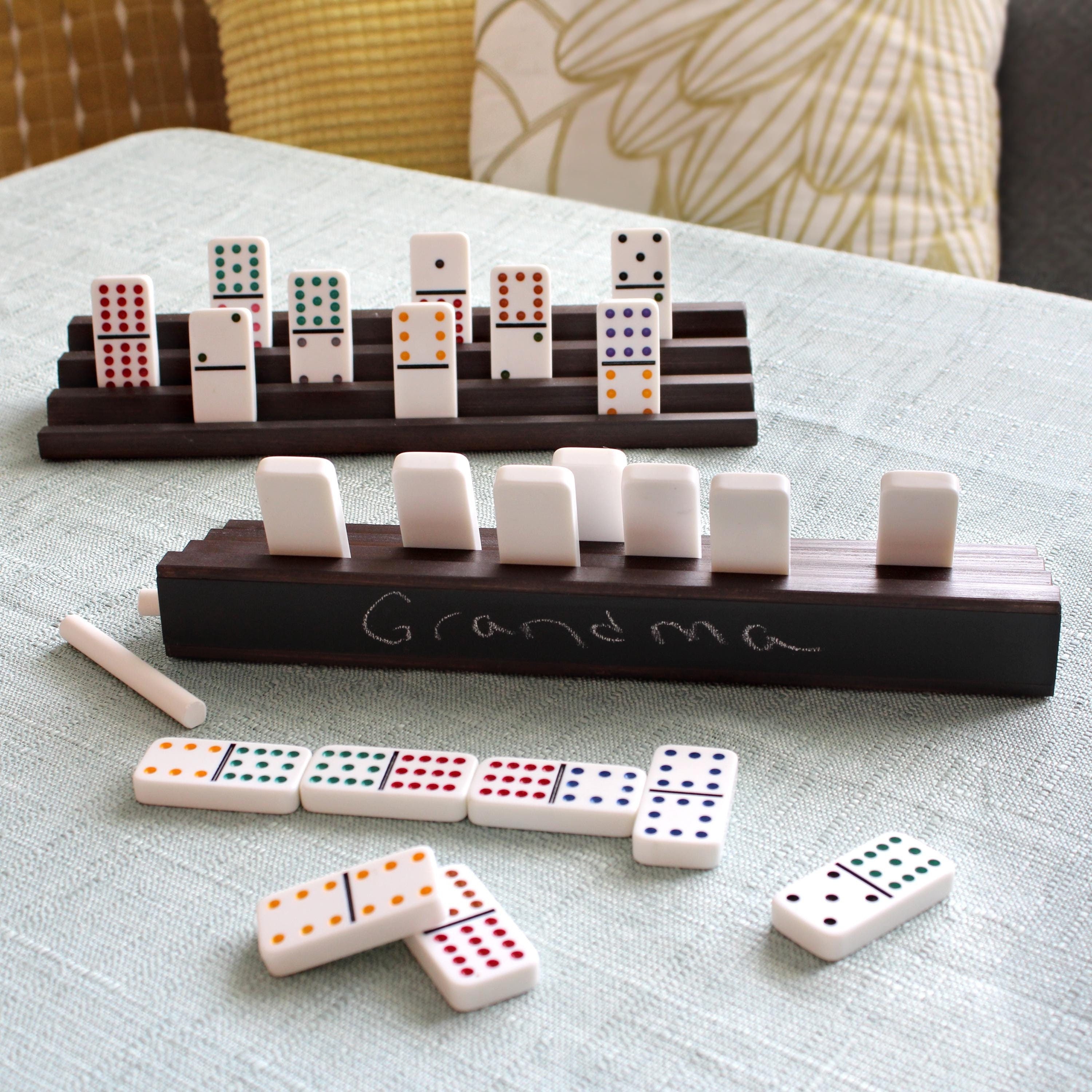 Chalkboard domino tile rack holder. Set of 2 wooden, racks w/ chalkboard panel + chalk stick. Mexican Train, Rummikub. DOMINOES NOT INCLUDED