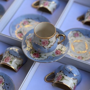Hand-Painted Porcelain Turkish Coffee Set Espresso Coffee Cups w/ Personalized Box Real Gold Details w/Saucers HomeDecor Giveaway Favor Gift