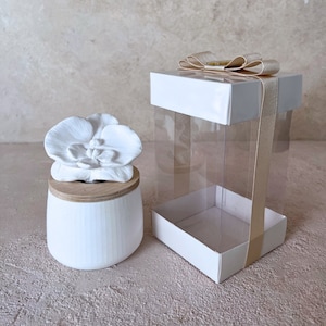 May include: A white ceramic container with a wooden lid, topped with a white orchid sculpture. Beside it is a clear box with a white top and bottom, tied with a beige ribbon and bow. The items are on a light pink surface.