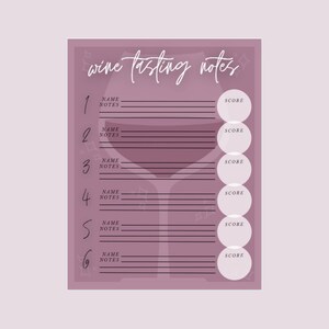 Wine Tasting Notes (Mauve) | Printable Scorecard | Six Wines | Instant Download