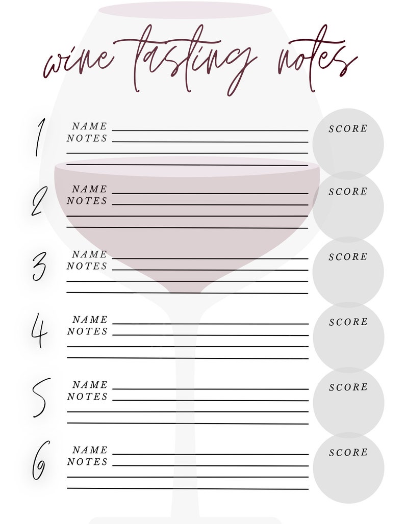 Wine Tasting Notes (white) | Printable Scorecard | Six Wines | Instant ...
