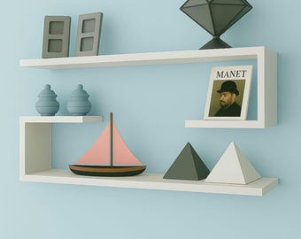 White U Shaped Floating Shelves – Handmade Wall Shelf Set of 2, 60x14 cm