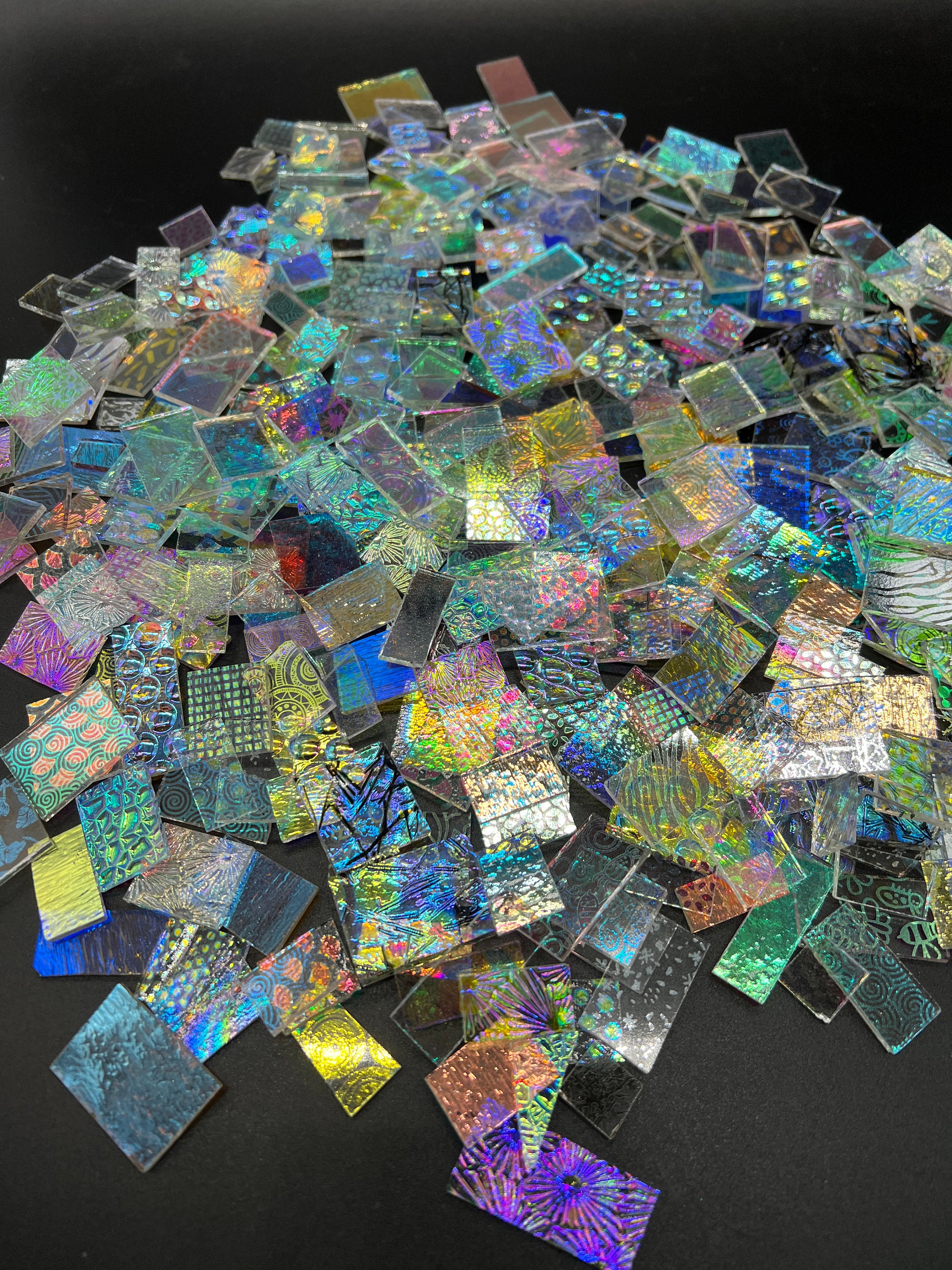 1 x 1 CBS Dichroic Patterned Squares on 2mm Thin Glass. Mixed Lot of 20  Squares Per Pack. COE90