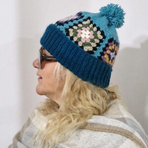 Handmade Wool Granny Square Beret: Knitted Pom Pom Hat