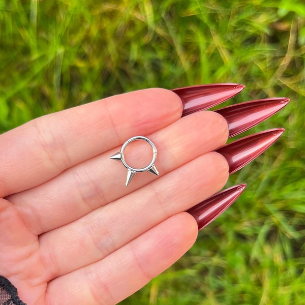 Spiky Septum Piercing, Septum Clicker Nose Ring, Titanium Septum Hoop, Silver Hinged Nose Ring, 16G (1.2mm) 8mm, Spike Gothic Nose Hoop