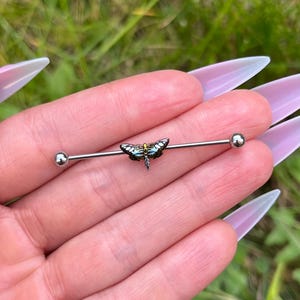 Moth Industrial Piercing, Butterfly Cartilage Piercing, Cute Ear Barbell Bar, Body Jewellery for women, Stainless Steel, 38mm 16G (1.2mm)