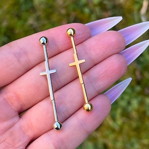 Cross Industrial Piercing, Ear Barbell Bar, Cartilage Piercing, Silver/Gold Body Jewellery, Stainless Steel, Spike Gothic Punk Grunge Emo