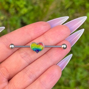 Rainbow Industrial Piercing, Heart Cartilage Piercing, Ear Barbell Bar, Body Jewellery, Stainless Steel, LGBTQ/Lesbian/Gay, 38mm 14G (1.6mm)