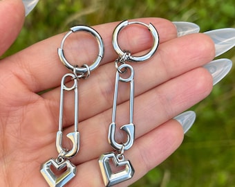 Safety Pin Hoop Earrings: Stainless Steel Heart Charms, Gothic Punk Style