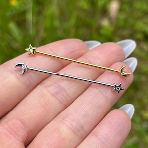 Moon & Star Industrial Piercing, Ear Barbell Bar with gems, Cartilage Piercing, Silver/Gold Body Jewellery, Stainless Steel, Girly Cute Glam