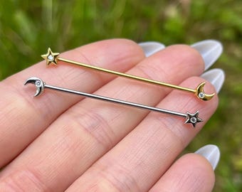 Moon & Star Industrial Piercing, Ear Barbell Bar with gems, Cartilage Piercing, Silver/Gold Body Jewellery, Stainless Steel, Girly Cute Glam