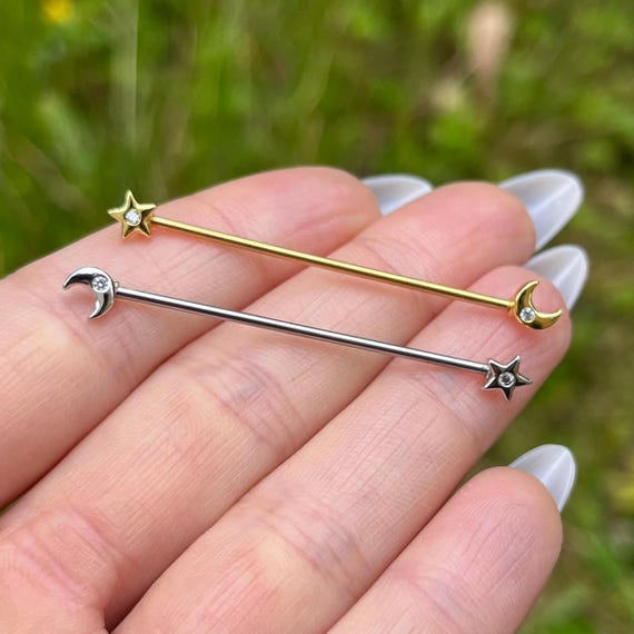 Moon and Star Industrial Barbell Piercing, Cubic Zirconia, Surgical Steel