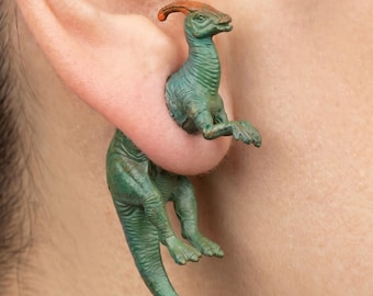 Dinosaur Earrings Hand Painted | 3D Printed Parasaurolophus Stud Earrings