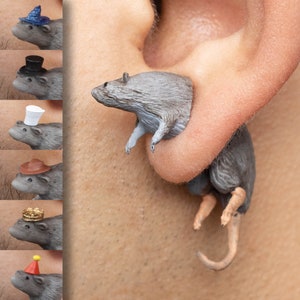 Hand Painted Rat Earrings - 3D Printed - Custom Hats