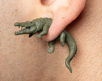 Crocodile Alligator Earrings • Handpainted • 3D Printed Studs • Unconventional • Playful • Odd • Fun • Quirky • Weird • Cute • Gift • Animal