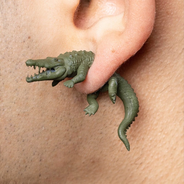Crocodile Alligator Earrings • Handpainted • 3D Printed Studs • Unconventional • Playful • Odd • Fun • Quirky • Weird • Cute • Gift • Animal